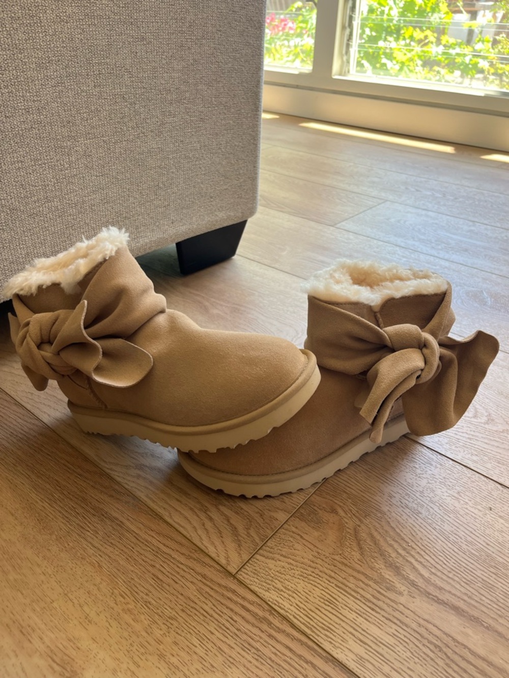 Women’s Tan Suede Plush-Lined Bow Ankle Boots